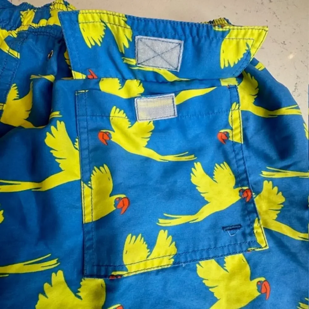Tom & Teddy Flying Parrots Swim Shorts Men’s M Blue Yellow UPF 50 Mesh Lined